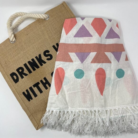 Gypsy Womens Jute Tote Bag Soft Cotton Rope Handles & Round Blanket Fringe Edge - Picture 5 of 9